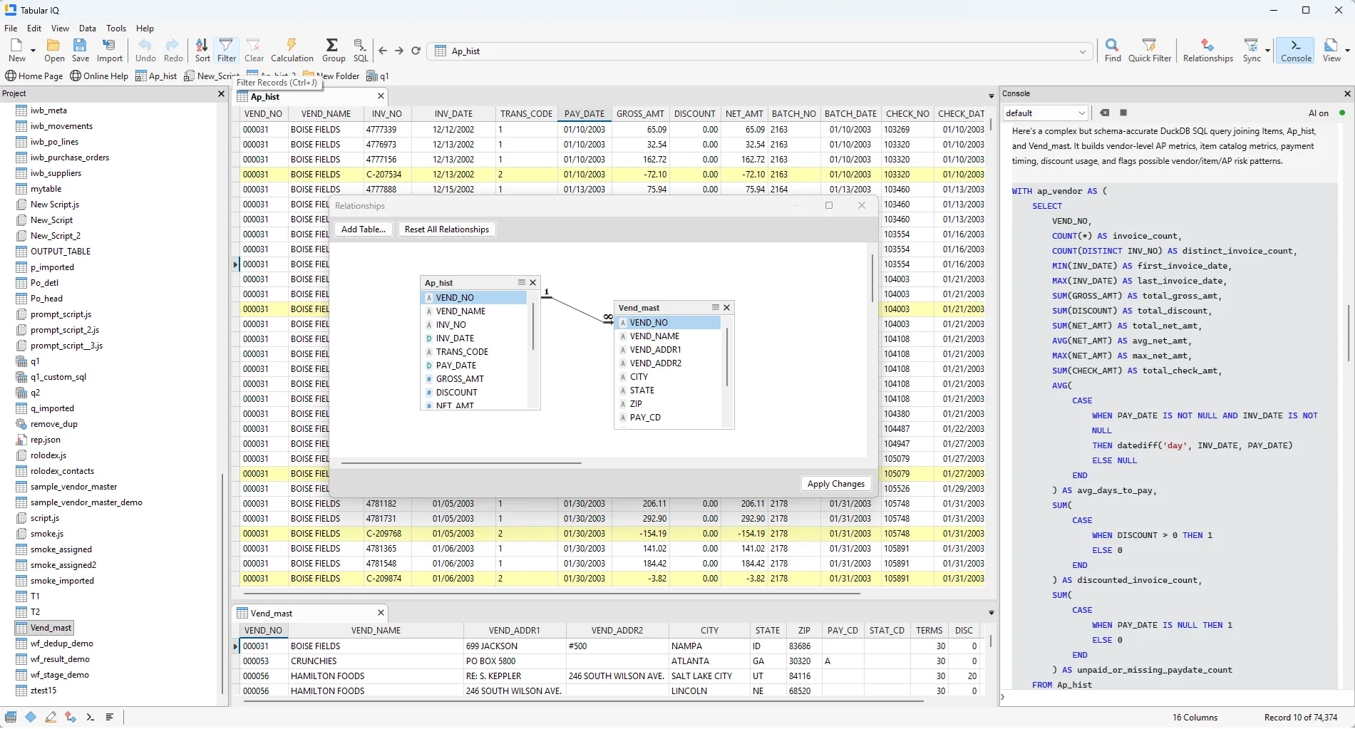 Tabular IQ analysing an AP audit project: Ap_hist joined to Vend_mast with the SQL console open