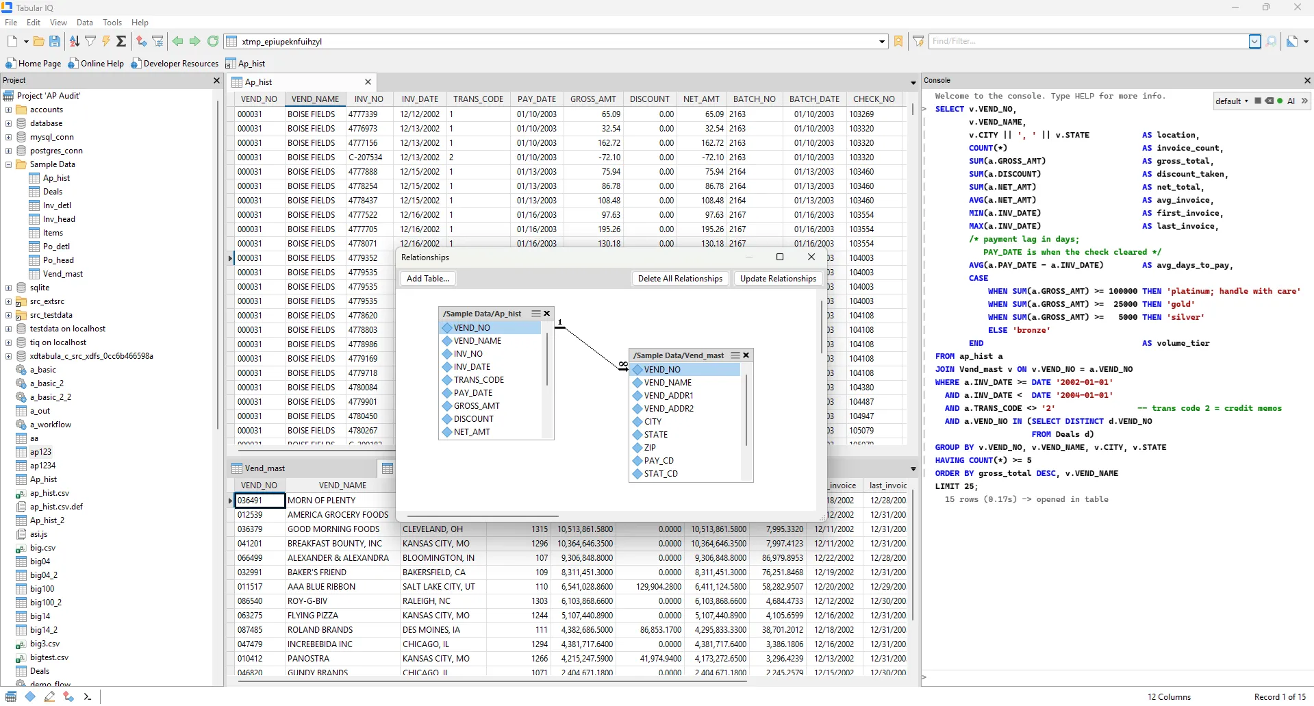 Tabular IQ analysing an AP audit project: Ap_hist joined to Vend_mast with the SQL console open