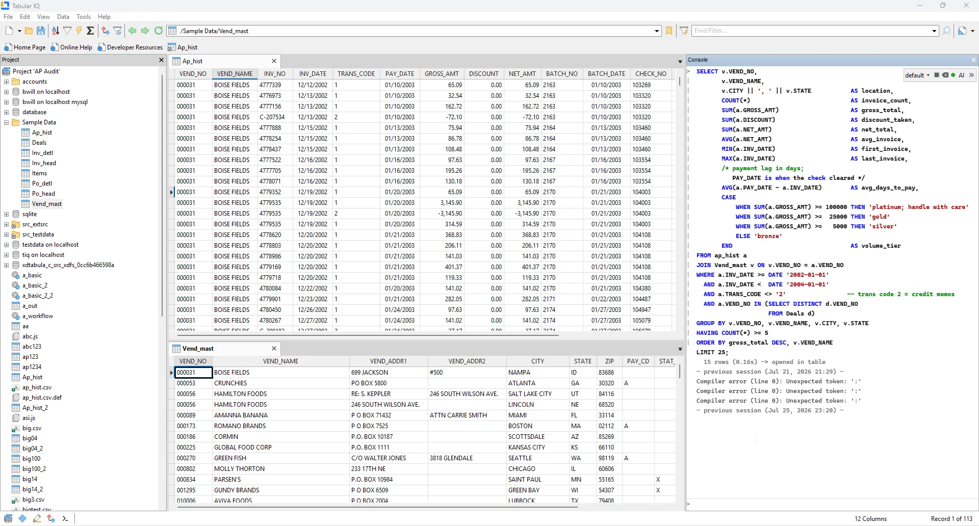Tabular IQ analysing an AP audit project: Ap_hist joined to Vend_mast with the SQL console open