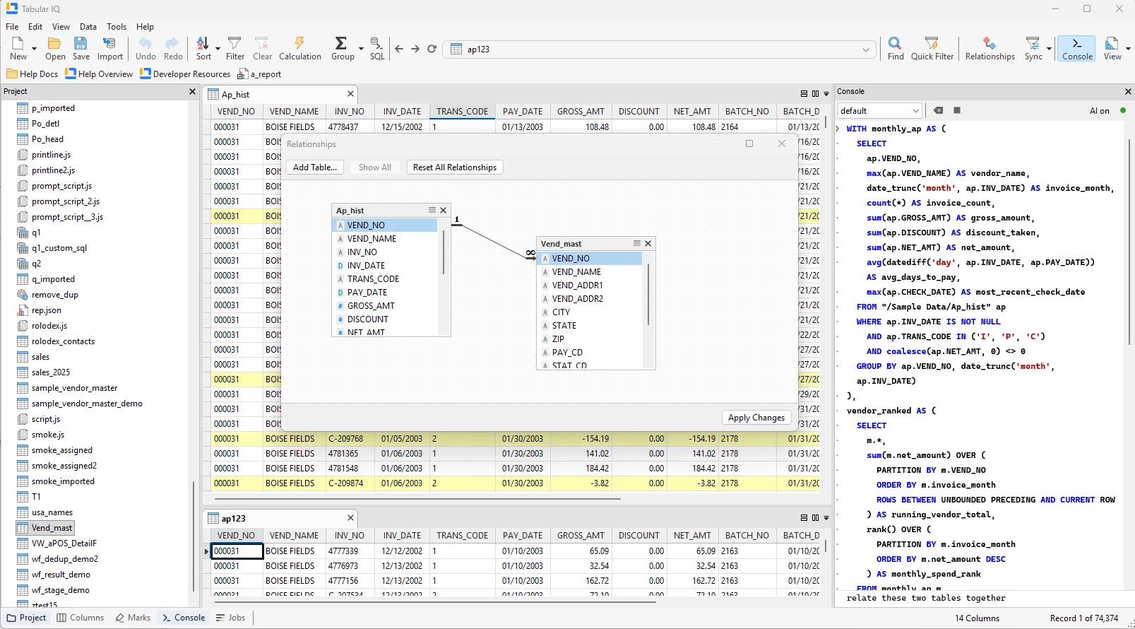 Tabular IQ analysing an AP audit project: Ap_hist joined to Vend_mast with the SQL console open