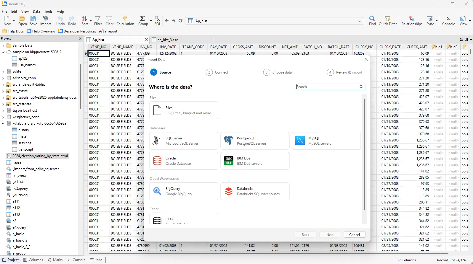 The Tabular IQ Import Data dialog over an open AP history table, offering files, SQL Server, PostgreSQL, MySQL, Oracle, IBM Db2, BigQuery, Databricks, and ODBC