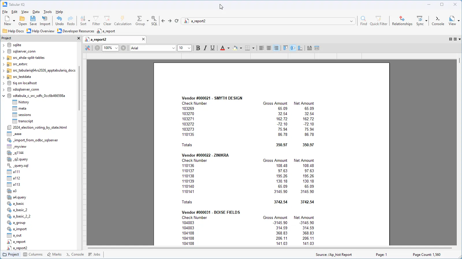 A Tabular IQ report on AP history grouped by vendor, listing each vendor's checks with gross and net amounts and a total per vendor